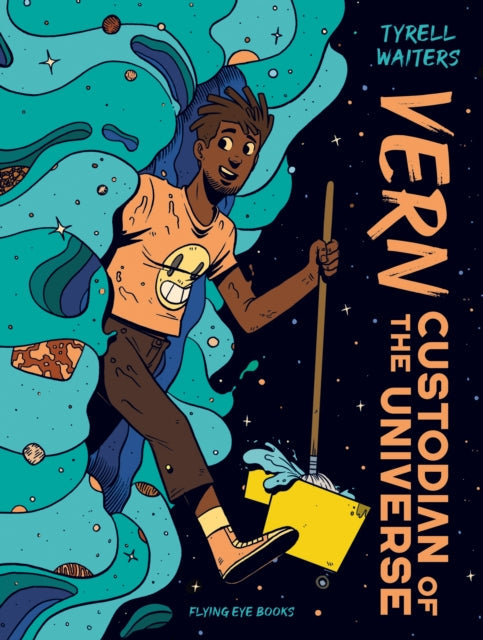 Vern: Custodian of the Universe book cover featuring a young Black man with dreadlocks cleaning in space.