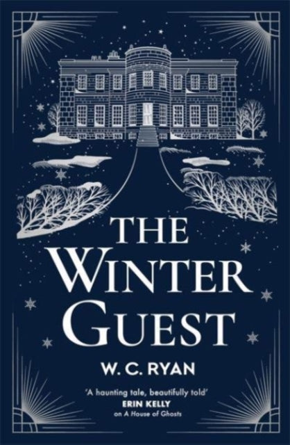 The Winter Guest book cover featuring a dark blue background with a white illustration of a grand house.