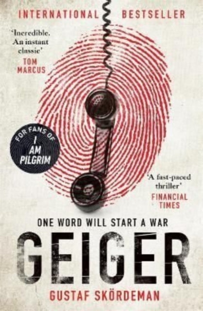 Book cover for Geiger, a thriller featuring a fingerprint and a vintage telephone receiver.