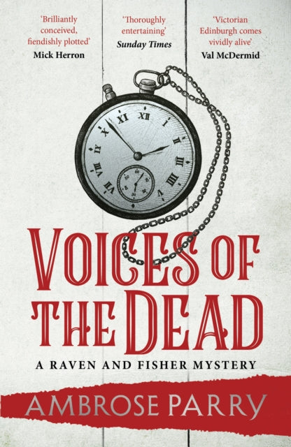 Book cover for "Voices of the Dead" by Ambrose Parry featuring a pocket watch.