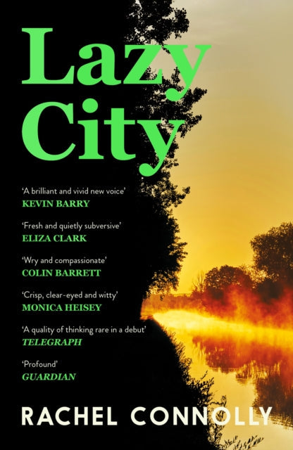 Lazy City book cover with green text and a sunset over water.