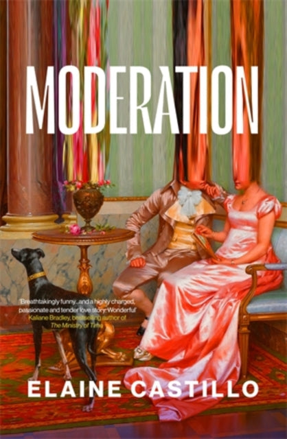 Book cover for "Moderation" by Elaine Castillo, featuring a surreal painting of two figures with metallic heads.