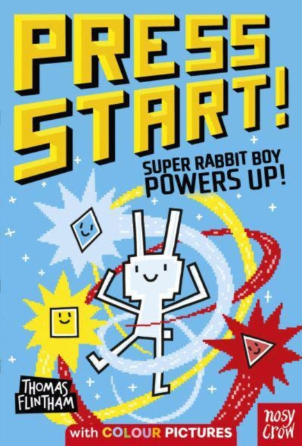 Press Start! Super Rabbit Boy Powers Up! book cover with pixelated art.