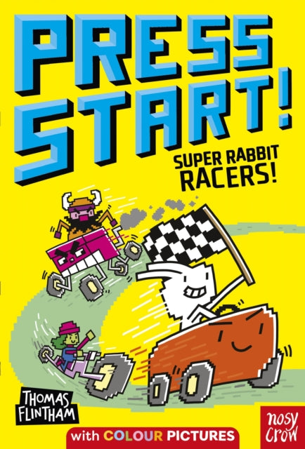 Press Start! Super Rabbit Racers! book cover with pixelated characters racing.