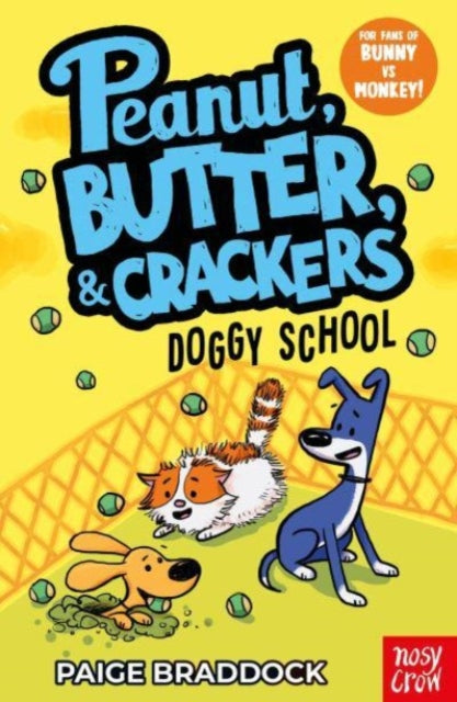 A book cover for "Peanut, Butter & Crackers: Doggy School" featuring cartoon animals.