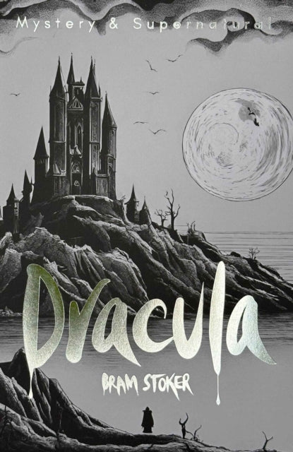 Dracula book cover with a castle on a cliff under a full moon.