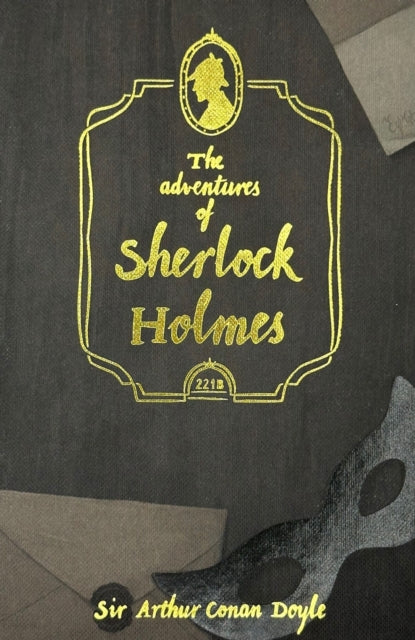 The Adventures of Sherlock Holmes book cover with gold lettering and a silhouette.