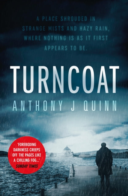 Turncoat book cover with a man on a pier in the rain.