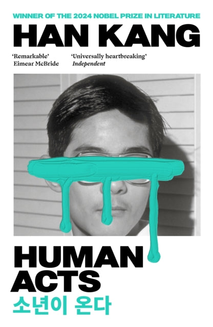 Human Acts book cover with a black and white portrait of a young person.