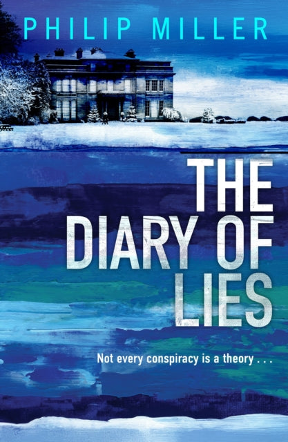 The Diary of Lies book cover with a mansion in snow and blue abstract background.