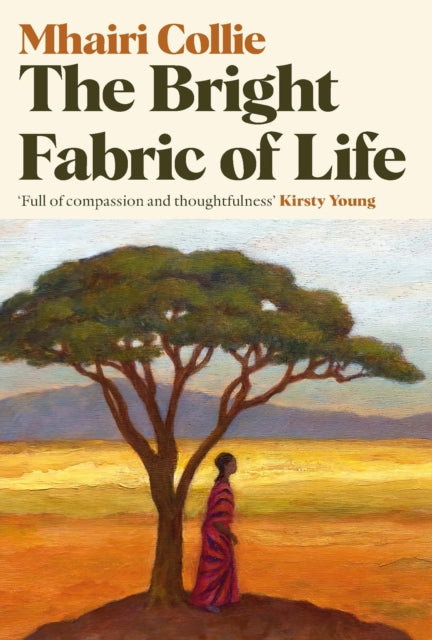 The Bright Fabric of Life book cover features a painting of a woman under a tree in a savanna landscape.