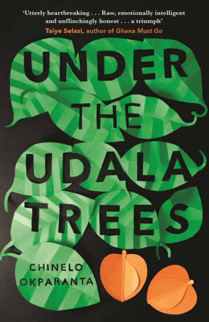 Book cover for "Under the Udala Trees" with green paper leaves and orange fruit.