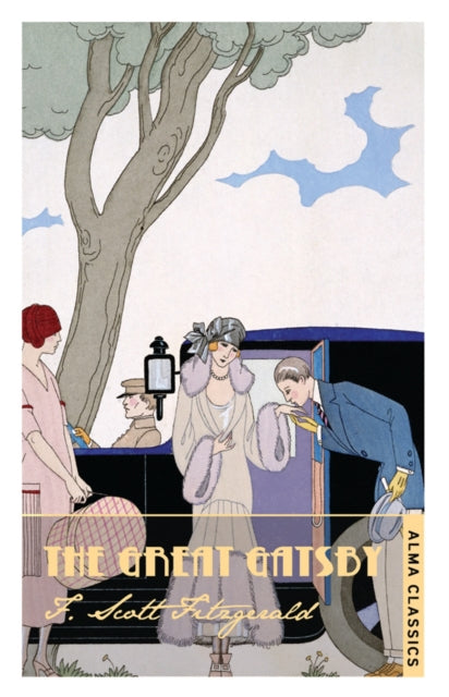 The Great Gatsby annotated edition book cover features an art deco illustration of people by a car.