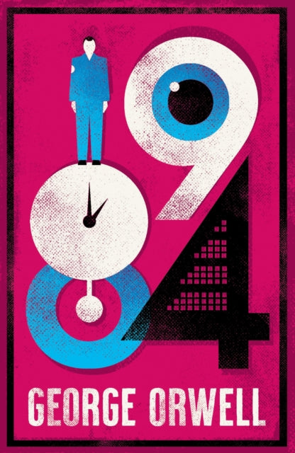 Book cover for 1984 by George Orwell with eye and clock imagery.
