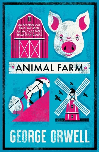 Animal Farm book cover with a pig, barn, horse, and windmill.