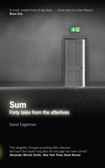 Sum: Forty Tales from the Afterlives book cover with a door and exit sign.