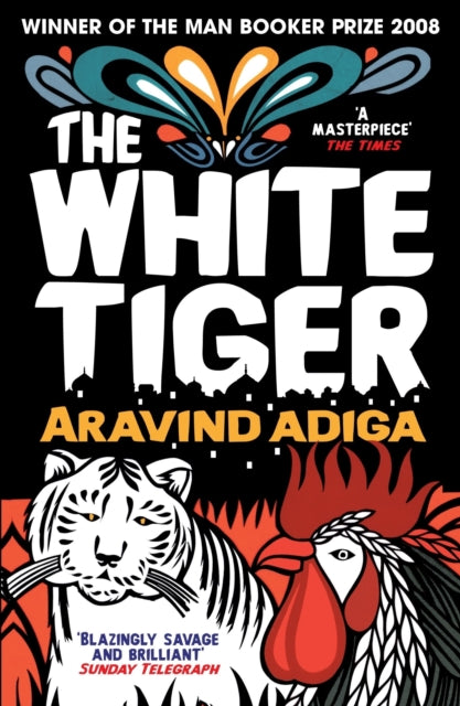 The White Tiger book cover featuring a tiger and a rooster.