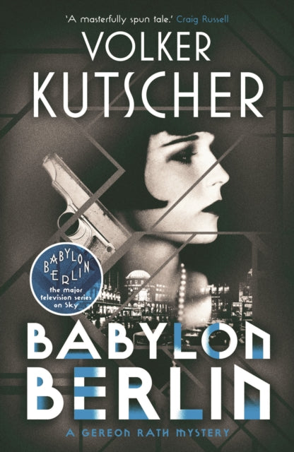 Babylon Berlin book cover featuring a woman, a gun, and city skyline.