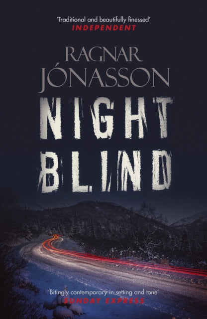 Book cover for Nightblind by Ragnar Jonasson featuring a dark, snowy road.