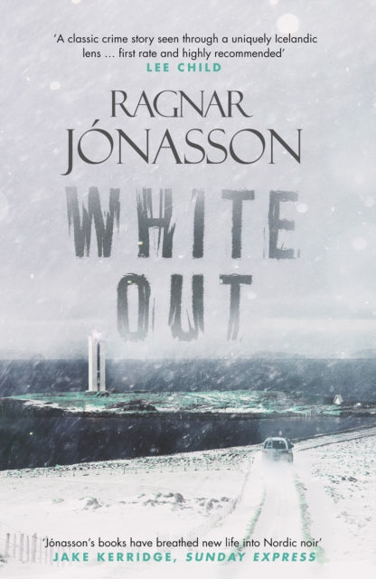 Whiteout book cover featuring a snowy landscape with a lighthouse and a car.
