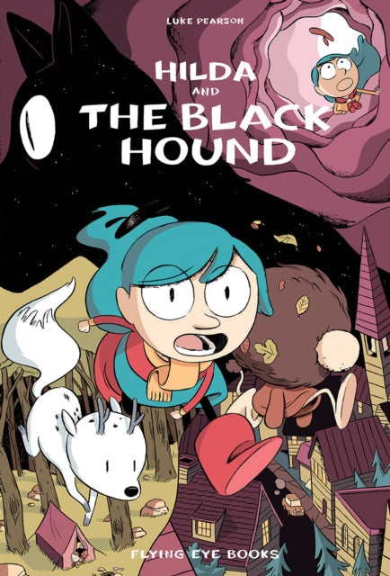 Hilda and the Black Hound book cover featuring Hilda and a white creature.