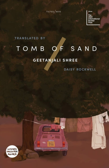 Tomb of Sand book cover with a pink car and laundry.
