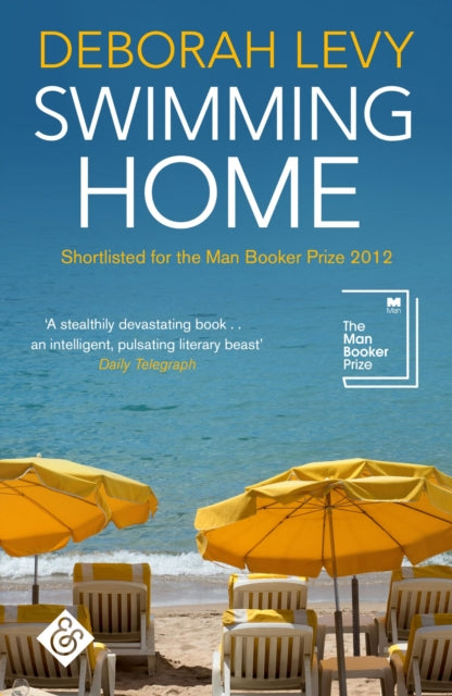 Swimming Home book cover with beach chairs and umbrellas.