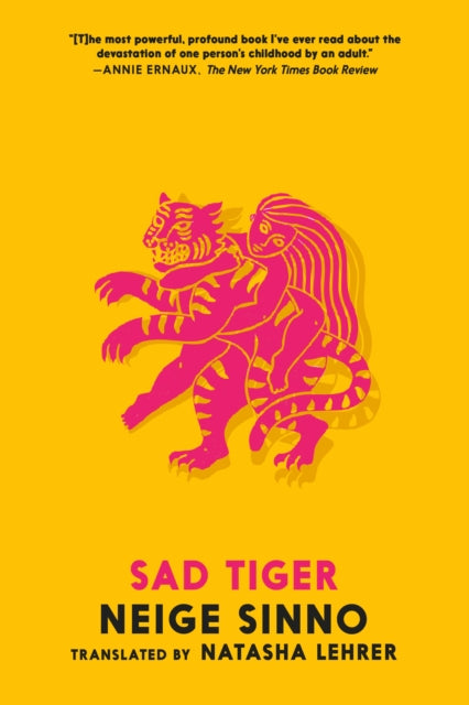 Sad Tiger book cover with a pink tiger and person illustration on a yellow background.