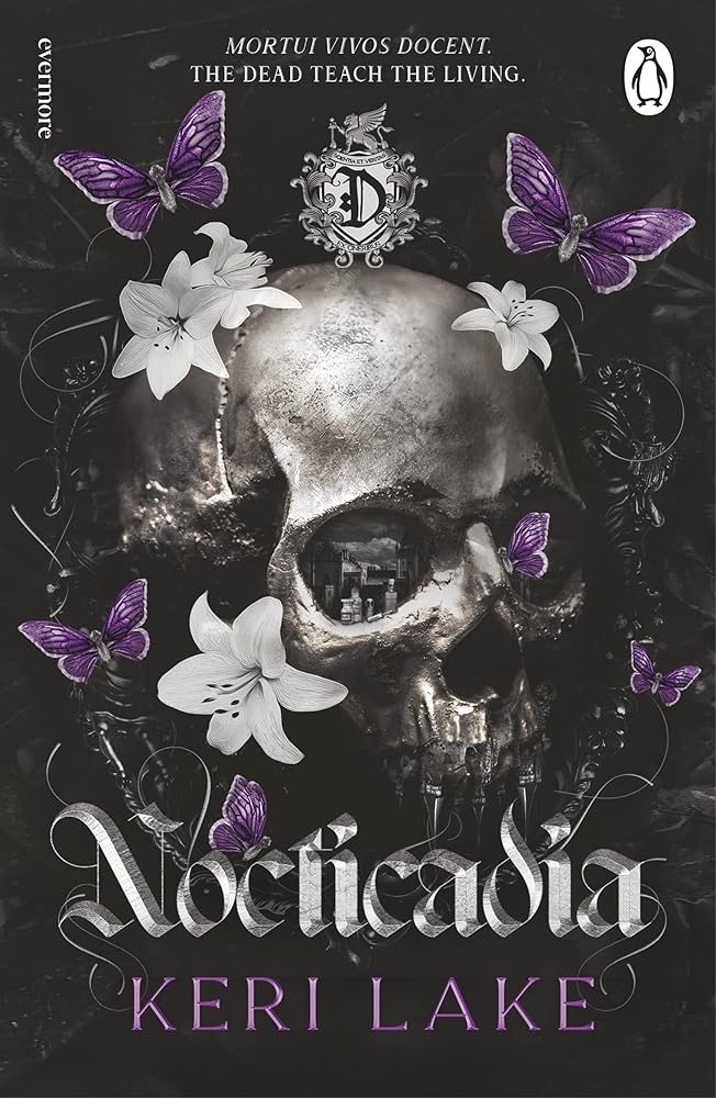 A book cover for Nocticadia by Keri Lake, featuring a skull, butterflies, and lilies.