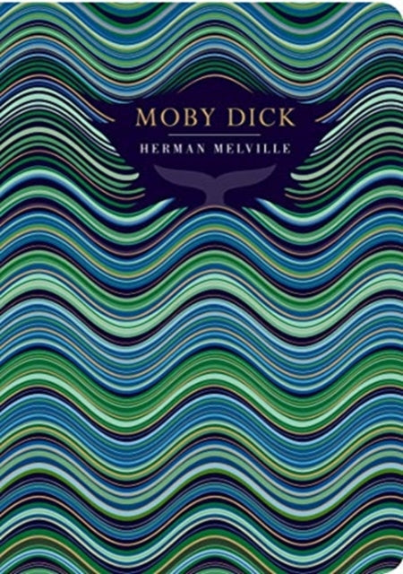 Moby Dick book cover with wavy blue and green lines and a whale tail.