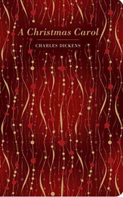 A Christmas Carol book cover with a red background and decorative strings of beads.