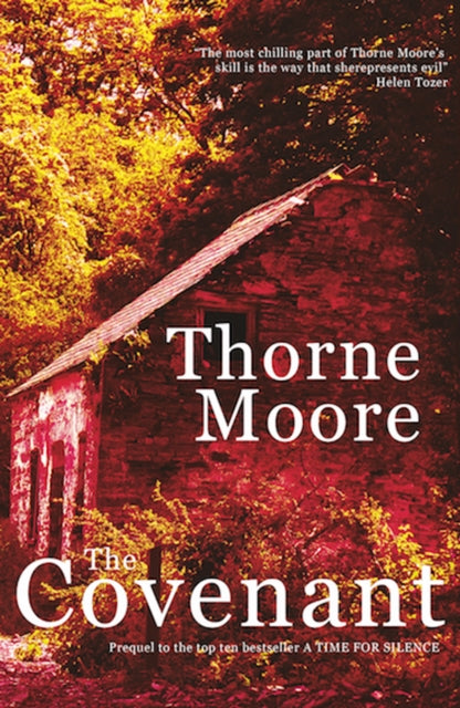 The Covenant book cover features a rustic stone building with a sloping roof.