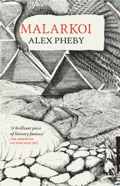 Book cover for Malarkoi by Alex Pheby with a drawing of a bird and landscape.