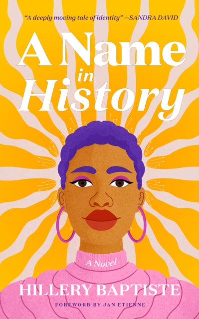 A Name in History book cover featuring a woman with purple hair and pink sweater.