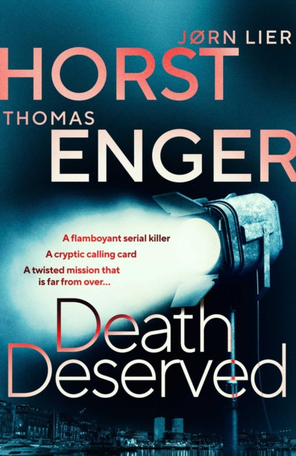 Death Deserved book cover with spotlight and city skyline.
