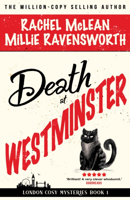 Death at Westminster book cover featuring a black cat and London skyline.