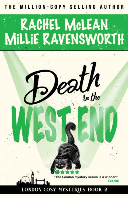 Death in the West End book cover featuring a cat and London landmarks.