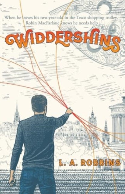 Widdershins book cover with a man holding red strings against a city backdrop.
