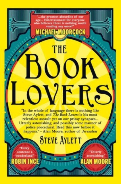 The Book Lovers by Steve Aylett book cover with yellow and teal circus-like design.