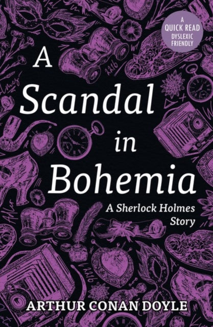 A Scandal in Bohemia book cover with purple illustrations.