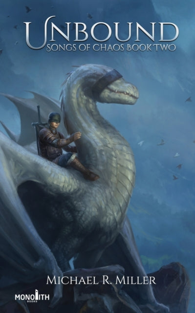A man rides a blindfolded dragon with the title Unbound.