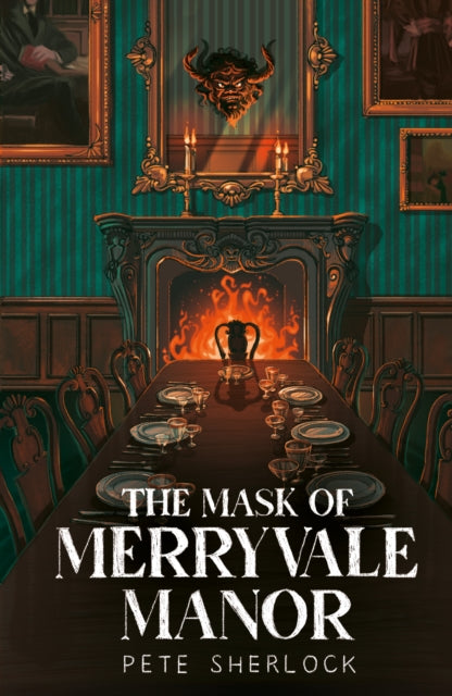 The Mask of Merryvale Manor book cover features a formal dining room with a fireplace.