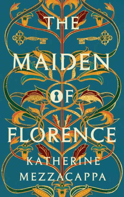 The Maiden of Florence book cover with ornate floral and key designs.