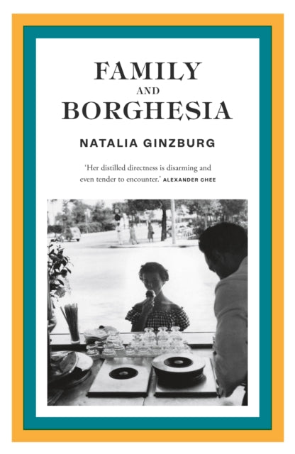Family and Borghesia book cover featuring a black and white photo of a woman eating ice cream.