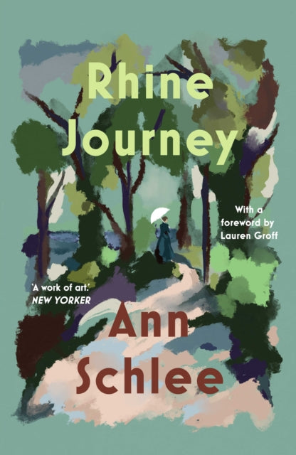 Rhine Journey book cover with a painting of a woman with an umbrella walking on a path through trees.
