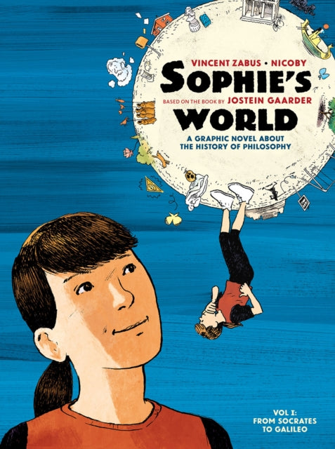 Sophie's World Vol I graphic novel cover, featuring a boy looking up at a globe with figures and symbols.