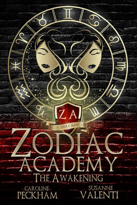 Zodiac Academy: The Awakening book cover with zodiac symbols.