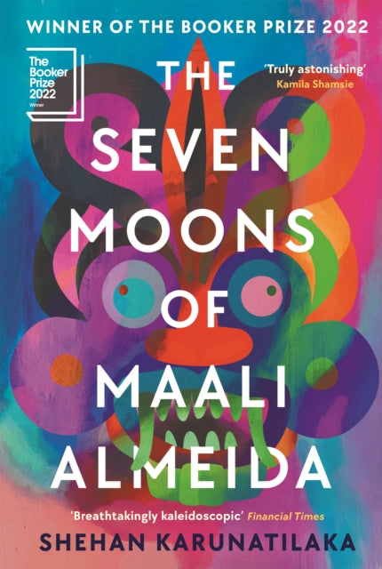 The Seven Moons of Maali Almeida book cover with colorful abstract art.
