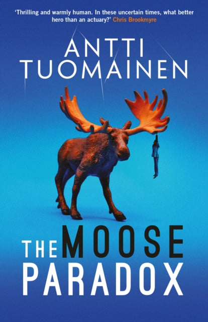 A book cover features a moose holding a small person by the antlers against a blue background.