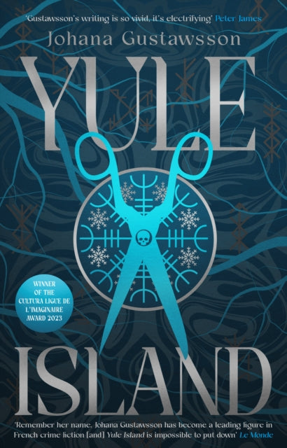 Yule Island book cover with scissors and a skull symbol.